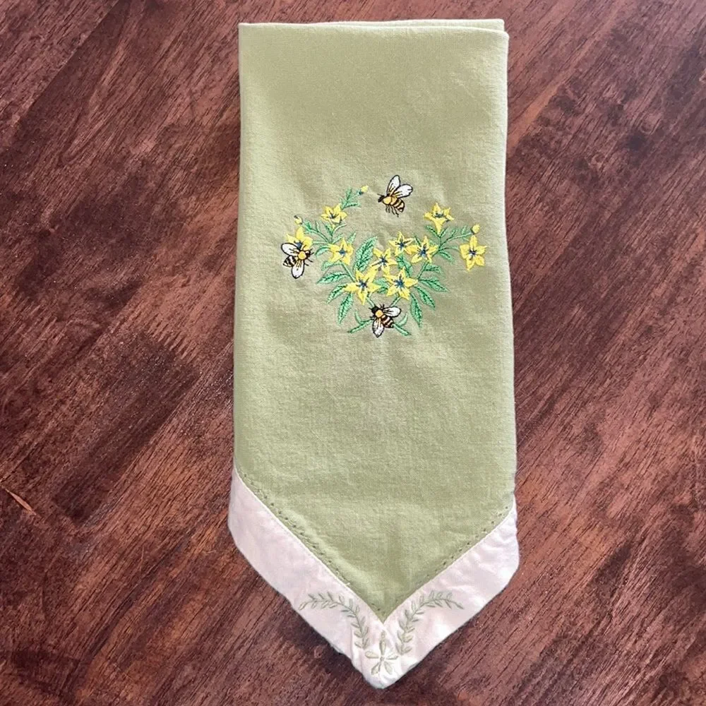 Upcycled Set of 3 Sage Cotton Floral Embroidered Napkins with Cream Trim